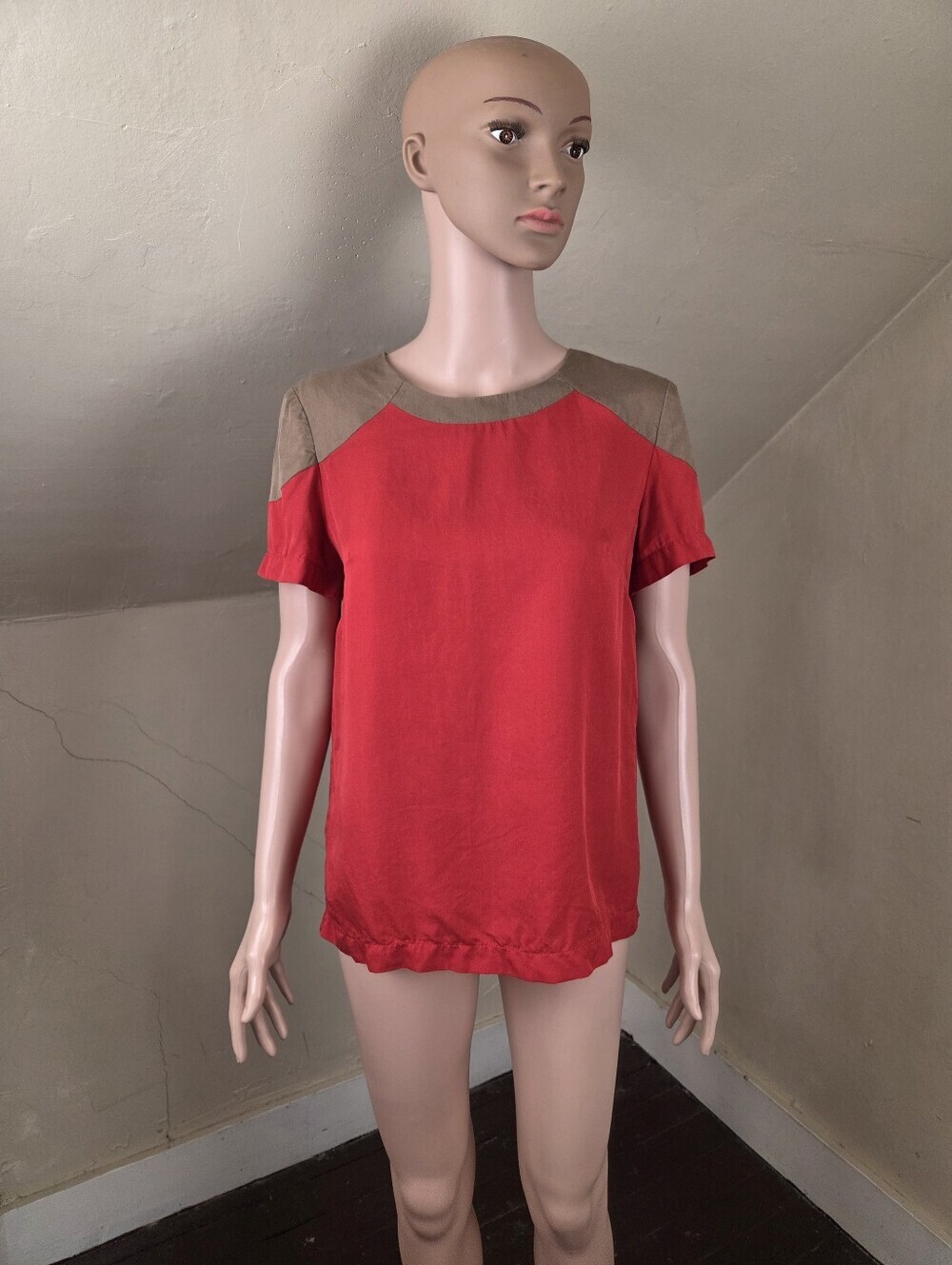 Sea New York Colorblock Tencel Blouse Red Taupe Short Sleeve Top Size 4 USA
